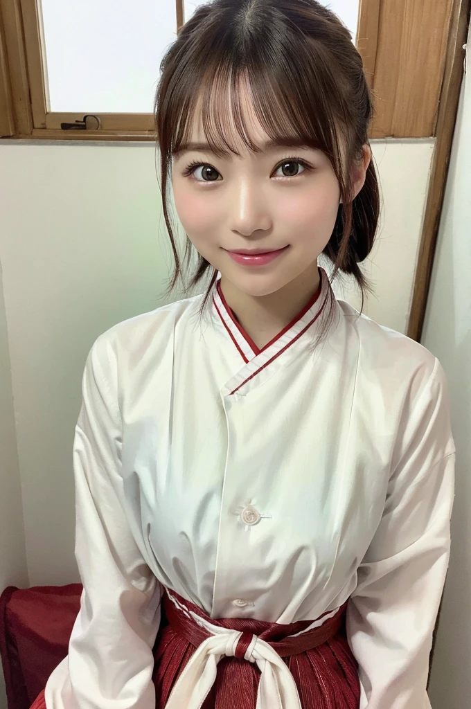 8k、High definition、Ultra Detail、Photorealistic、High resolution、Realistic and accurate depiction、Realistic and accurate human anatomy、Highest quality、Japanese women 、beautiful girl、White and red hakama、Red hakama on top and red on bottom,White tabi,Red ribbon in hair,1,bangs,Smile a little,knees,Japanese style hairstyle,Looking up from below, An innocent smile、Natural Makeup、Perfect Skin、Charm、cute