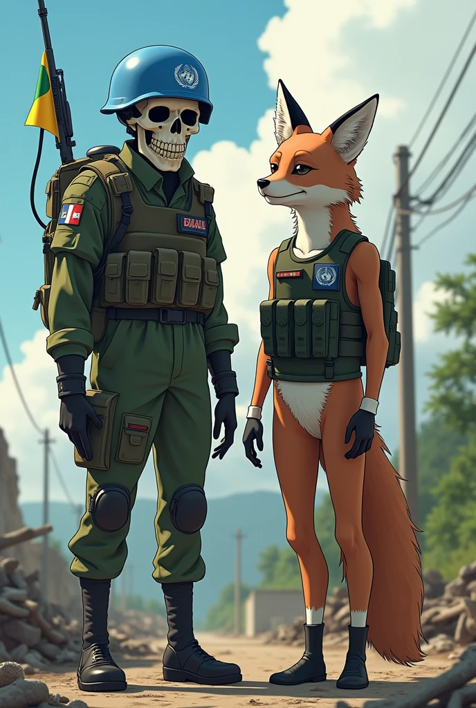 Brazilian skeleton soldier with skull mask and UN helmet, with the other company of a furry anime fox soldier in panties with a bulletproof vest and a UN helmet on a peace mission in Haiti.