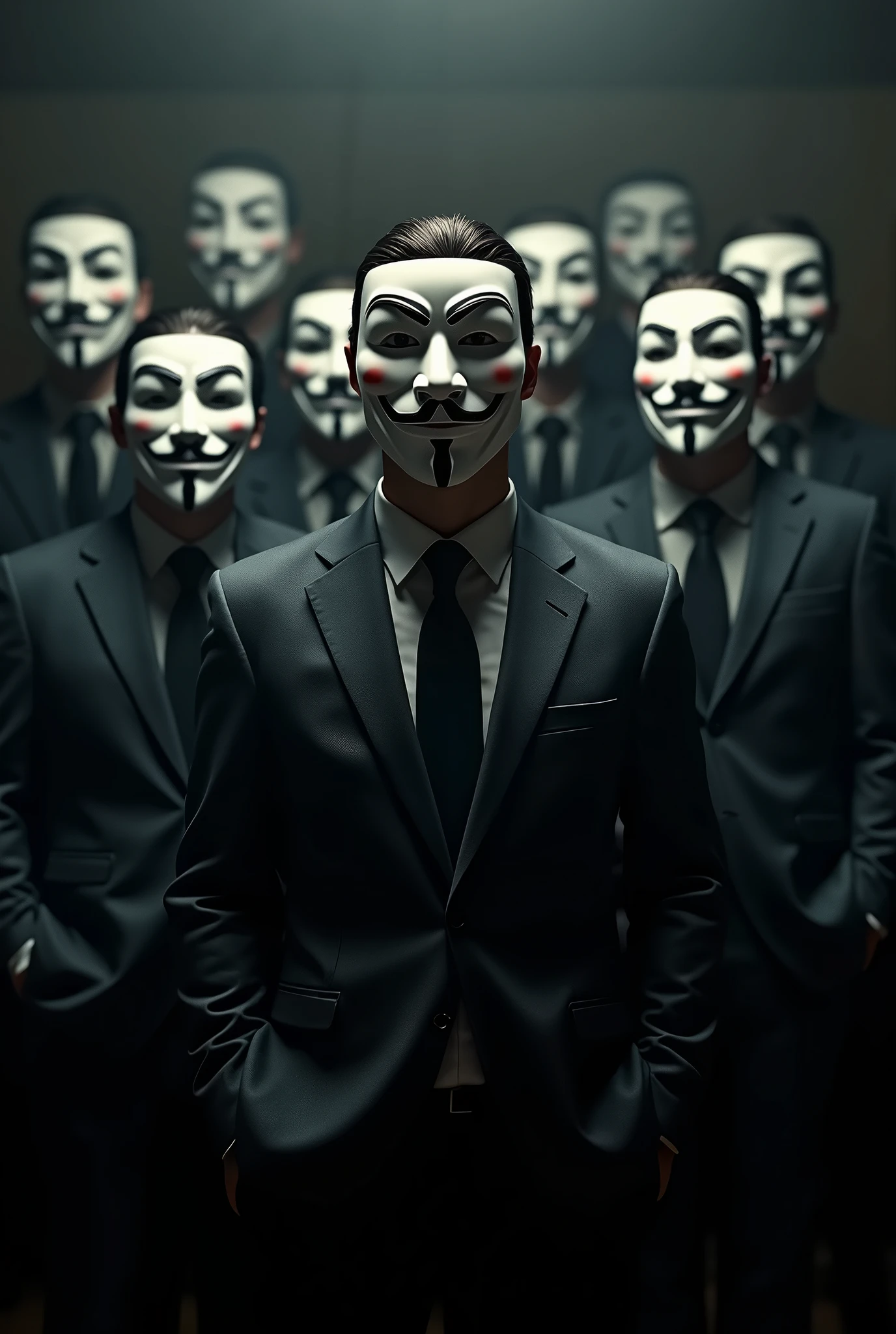 several people with the guy fawkes mask in a dark environment. everyone is in business clothes and looking at the camera.