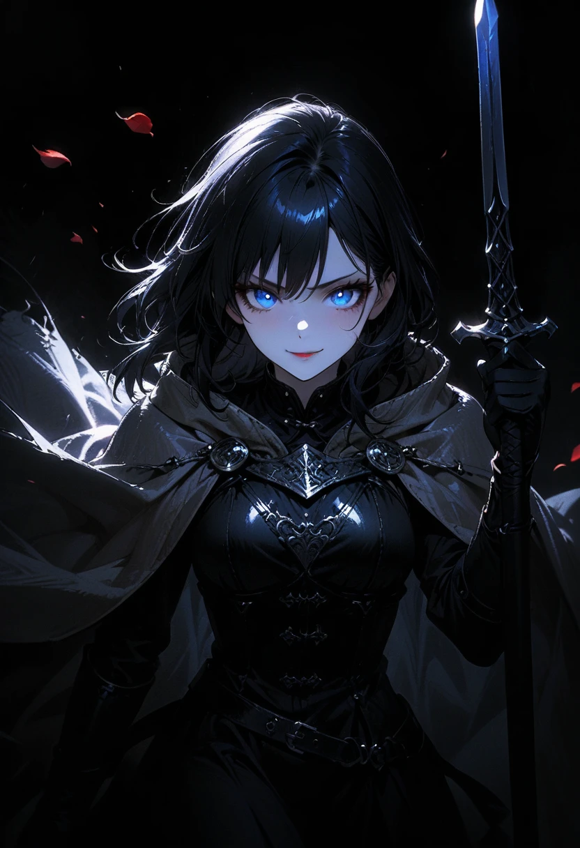 (full body portrait), 1girl, solo, (holding weapon), sword, (long black hair), detailed face, mischief expression, smirk, pale white skin, blue eyes, (detailed eyes), long eyelashes, black eye liner, red lipstick, black tunic, (silver hoodie cloak), long dress, leather glove, (chest armor), (standing pose) moonlight, hard lighting, blue light, cold light, ((rose pedals falling)), (medieval theme), (masterpiece), super detailed, best quality, POV, dw01-3400, 4k