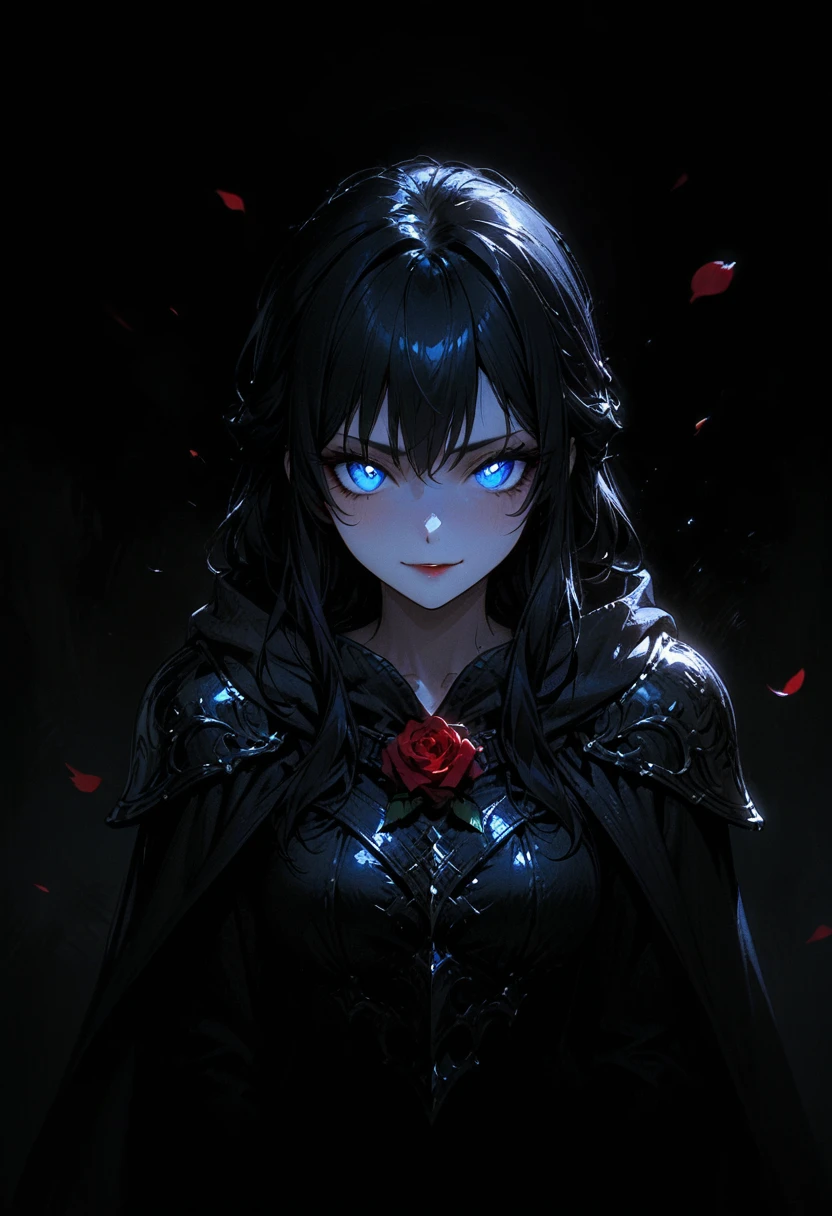 (full body portrait), 1girl, solo, (holding weapon), sword, (long black hair), detailed face, mischief expression, smirk, pale white skin, blue eyes, (detailed eyes), long eyelashes, black eye liner, red lipstick, black tunic, (silver hoodie cloak), long dress, leather glove, (chest armor), (standing pose) moonlight, hard lighting, blue light, cold light, ((rose pedals falling)), (medieval theme), (masterpiece), super detailed, best quality, POV, dw01-3400, 4k