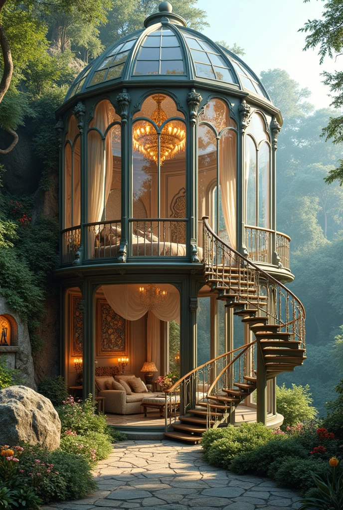 "Draw a picture inspired by the Glass Castle according to the following description: Imagine a majestic two-story structure. First floor, Unobscured, For example, the living room, Dining room and kitchen, All rooms are connected,It is decorated with elegant Bohemian-style furniture.. Second floor, Design a bedroom for four. Adding handcrafted interior details, As a tapestry, Mosaic and beaded curtains, Protect privacy without losing the ethereal atmosphere. Make sure sunlight shines through the glass walls, Bright colors as highlights. No external, Design a Lush Garden,Plant exotic plants and wildflowers, Contrasting with the delicate glass structure. Don’t forget to include stained glass windows and other magical details. also, Be sure to design an elegant spiral staircase connecting the two floors."