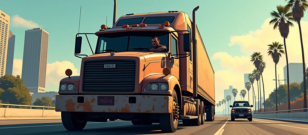 GTA San Andreas, banner, LA, CDL semi truck volvo and driver