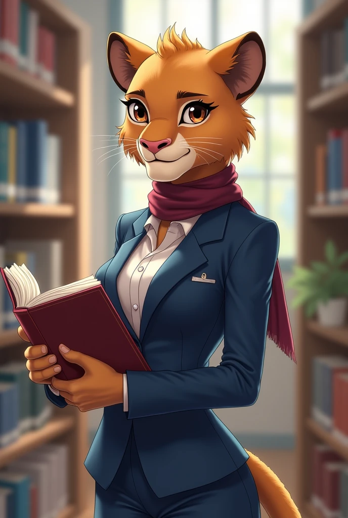 Female lioness, school, in his hand books with a smile without muscles, with a white shirt suit and a blue suit, with little hair with a small wine-colored scarf around her neck