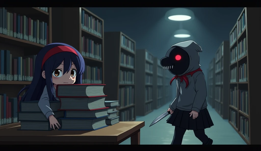 May ((a school girl with long dark purple hair that reaches her mid-back. She always wears a red headband. She has brown eyes. She wears a long-sleeved shirt and a black skirt.)) hid behind a pile of books on the table in the a quiet library at night. The atmosphere is eerie, with only the dim light from overhead bulbs providing any illumination. The Mole mascot ((A scary mole mascot costume, it wears a gray hoodie, a bloody suit and carries a knife)) approached her and walked back and forth..