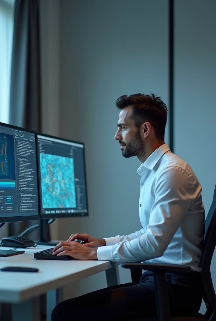 A man in white and black pants sitting at a desk watching on a computer how neural networks have advanced