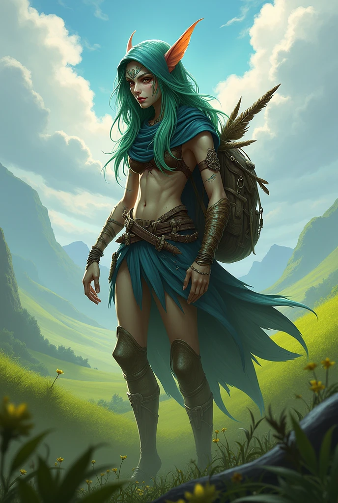 Grass, Sky, Field, League of Legends, 1girl, elf, druid, animal ears, bandage legs, long legs, bandage, bandage, bird legs, bird skull, cape, shut up, ears by headdress, eyes visible through hair, face drawings, feathers, hood, hooded cape, long hair, brown green eyes, Ginger, red hair, colorite hair, armor, blue scarf, scarf, scarf, scarf long hair, hooded scarf, green clothes, green skirt, long skirt, leather armor, nose ring, nostrils, backpack