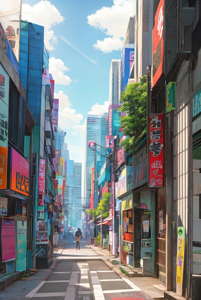 road, , Street, pop, 80s Style, There are no people, Empty space in the middle, 0 human, no people, only landscape, background, street, Good weather, Anime Style, Manga style, Streetアート, Wall Art, punk, cool, green, Tokyo, Akihabara, There is a picture on the wall, Dirty city、concrete, Rebar, guardrail, 歩road, ￼￼裏road