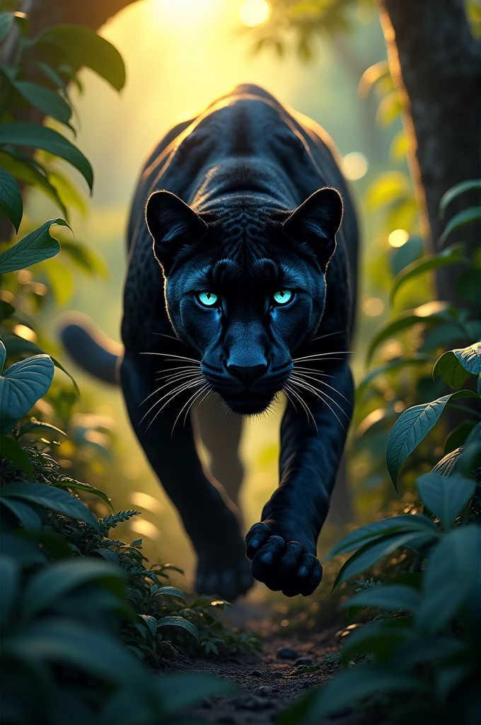 A black ceetah with scary blue eyes in the jungle trying to hunt in the evening