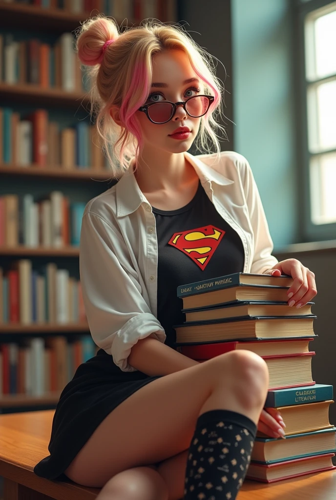 A college girl with a playful blend of sexy and nerd aesthetics. She's dressed in a form-fitting, short black dress that accentuates her figure, yet adorned with a white collared shirt beneath, slightly unbuttoned to reveal a glimpse of a nerdy superhero-themed T-shirt. Her glasses are stylishly thick-rimmed and tinted, adding an intellectual charm to her ensemble. In her hand, she holds a stack of textbooks, their titles tags peeking out to reveal subjects like quantum physics and classic literature. Her hair is a vibrant mix of blonde and pink streaks, tied back in a loose bun, with a few strands framing her face. She's sitting on the edge of a library table, one leg crossed over the other, showing off knee-high socks with a quirky math pattern and a pair of stiletto heels. The background is a well-lit university library, filled with bookshelves that stretch to the high ceiling, casting a warm glow on the scene. The setting is a harmonious blend of academic ambiance and modern fashion, with the girl's confident smile suggesting she's both comfortable in her own skin and eager to conquer the world of knowledge and style.