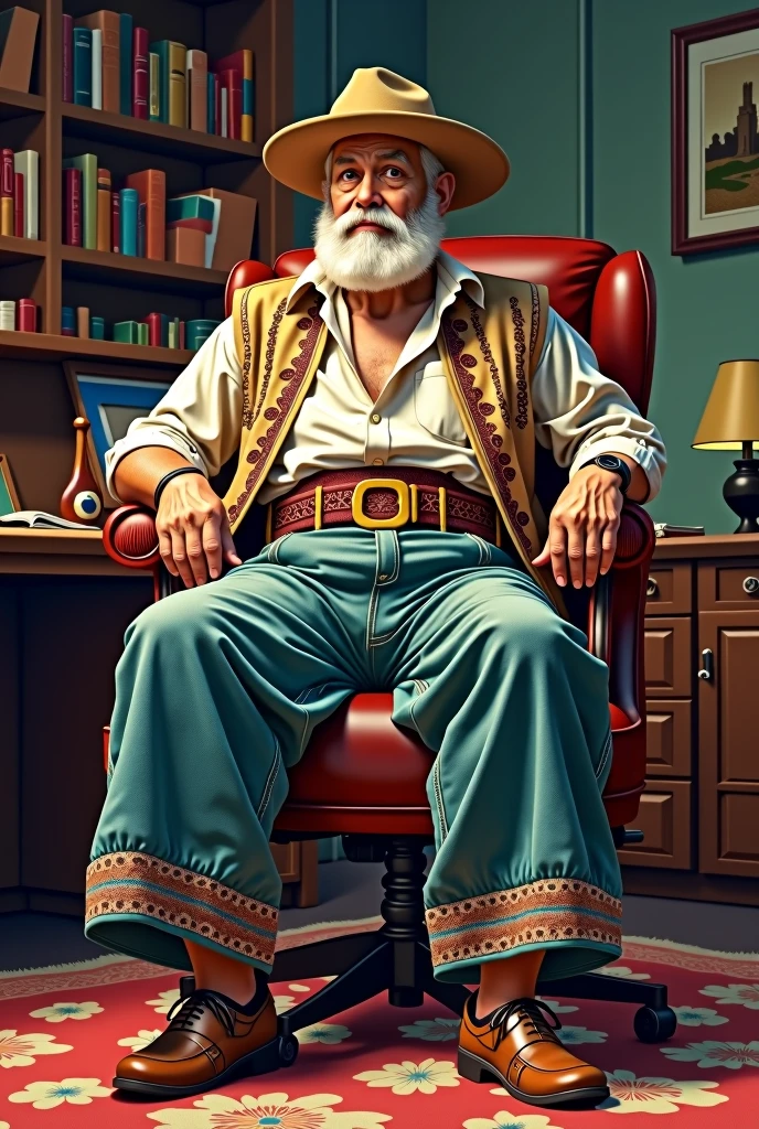 Create an illustration of Freud in the office dressed in typical Rio Grande do Sul clothing with bombacha pants