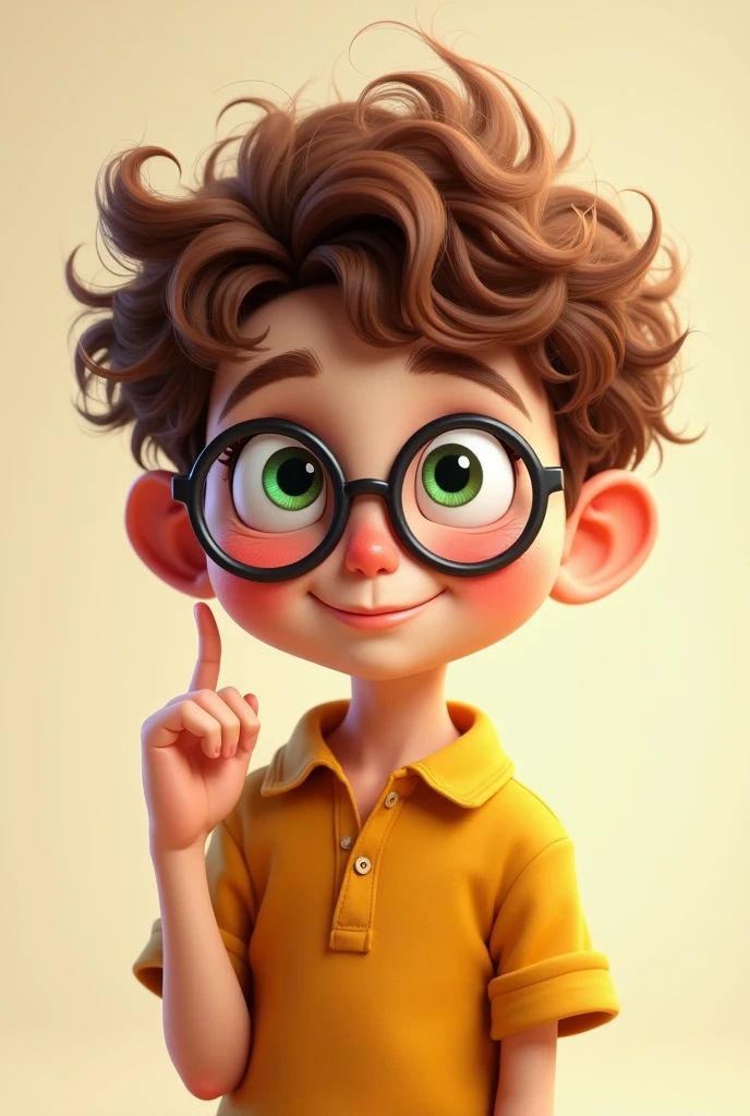 boy, ,
,who twirls his finger near his cheek, smiling and wearing glasses like a nerd.
boy, with big round glasses, with curly, lamb-like chestnut-colored hair, with green eyes and freckles .