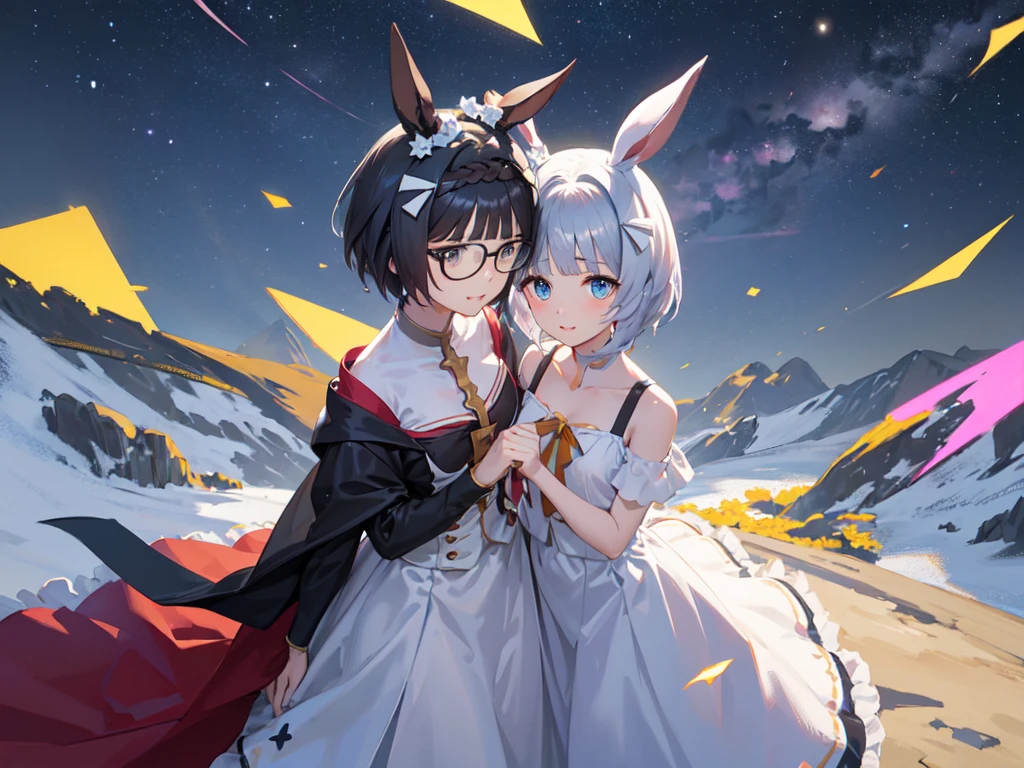 alone、alone、１alone。masterpiece, 超High resolution, Highest quality, High resolution, 8k、(noline:1.5)、(flat2-DIM1:1.5)、Shooting from above、Upper Body Shot。Girl with horse ears、beautiful girl、Wear black glasses。Big Breasts、Pale pink lips、smile。White blouse、Blue Skirt、A large blue ribbon on the chest。The body is tilted diagonally to the side、Place your hand on your chest。Wind、Starry Sky、cliff