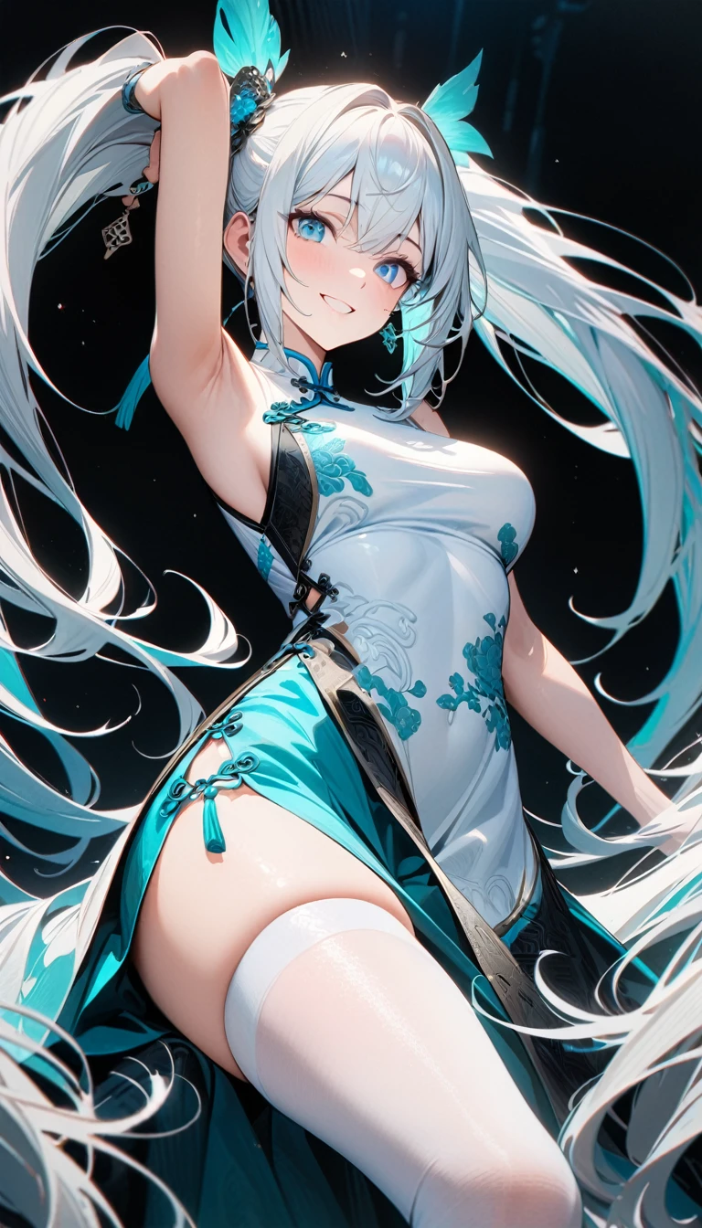 adult girl, very long white hair, two ponytails, white blue eyes, smile, white lush Chinese dress, sleeveless, black elements, turquoise elements, long lush turquoise skirt, white stockings, Masterpiece, best quality, Full HD, 8k, ultra details, great graphic