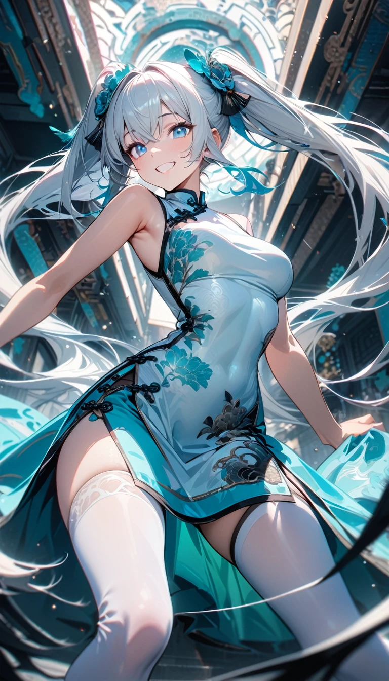 adult girl, very long white hair, two ponytails, white blue eyes, smile, white lush Chinese dress, sleeveless, black elements, turquoise elements, long lush turquoise skirt, white stockings, Masterpiece, best quality, Full HD, 8k, ultra details, great graphic
