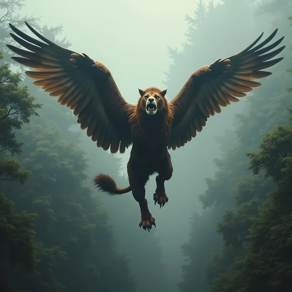 A fierce griffin in mid-flight above an ancient forest, with its wings cutting through the mist. The griffin has a muscular lion's body covered in dark brown fur, with a tail that ends in a tuft. Its eagle head is adorned with a golden beak and sharp, focused eyes. The forest below is dense with towering trees, their leaves rustling in the wind. Cinematic lighting, dynamic action pose, and detailed textures