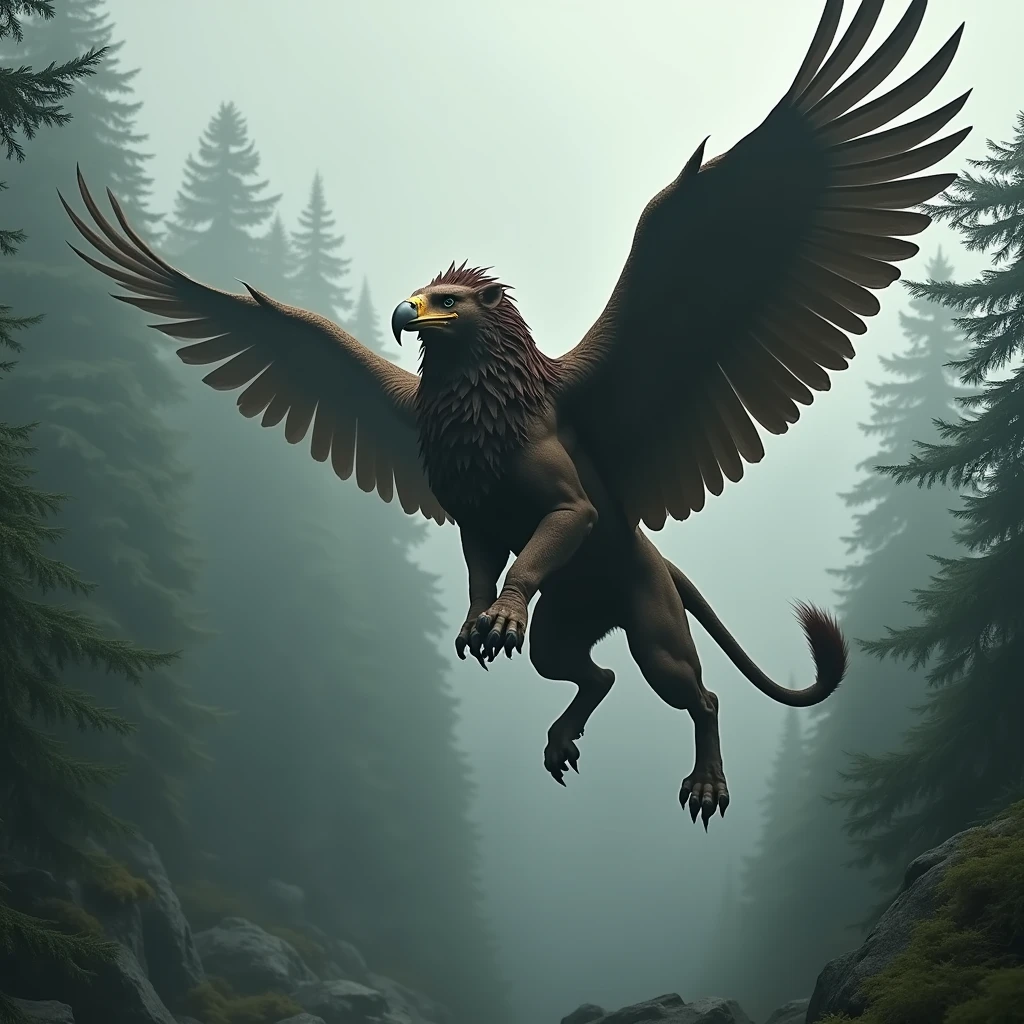 A fierce griffin in mid-flight above an ancient forest, with its wings cutting through the mist. The griffin has a muscular lion's body covered in dark brown fur, with a tail that ends in a tuft. Its eagle head is adorned with a golden beak and sharp, focused eyes. The forest below is dense with towering trees, their leaves rustling in the wind. Cinematic lighting, dynamic action pose, and detailed textures