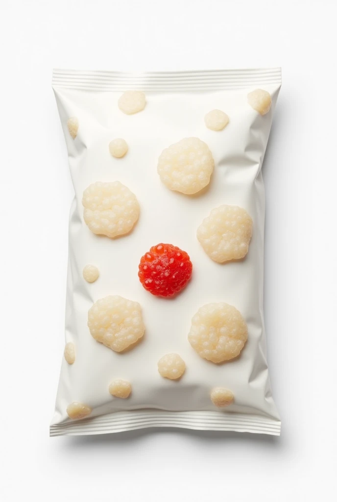 White coloured thin round shaped tapioca chips packet with the water mark of scattered round shaped tapioca chips in a light shade and reddish shaded round shaped tapioca chips in centre