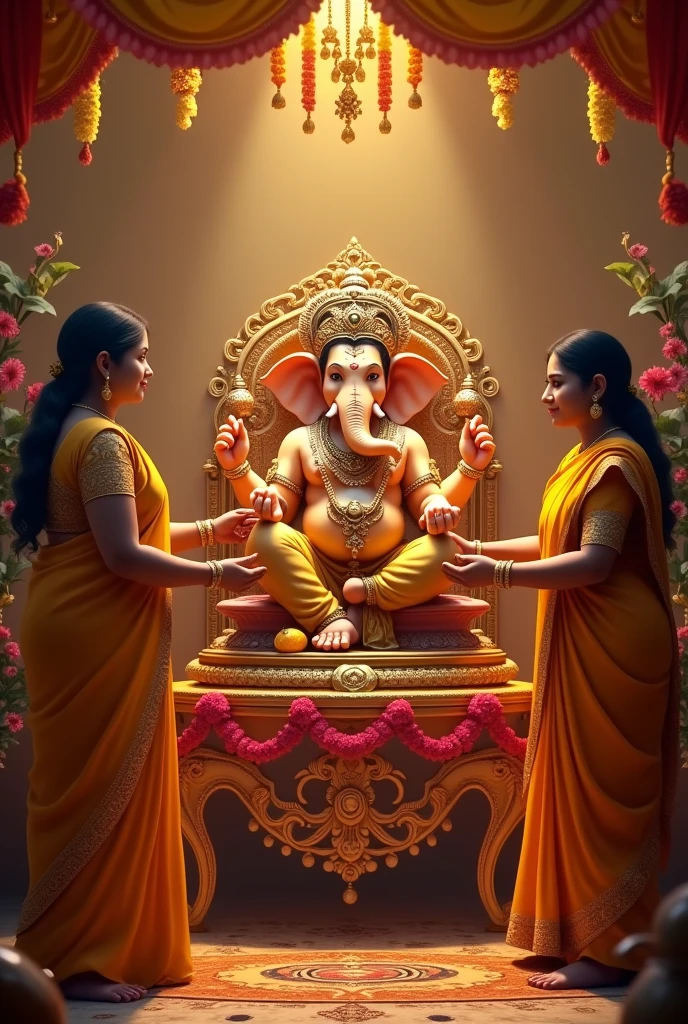 An image of devotees placing a beautifully crafted Ganesh idol at home during an auspicious time, with traditional decorations in the background. Add text highlights tax yellow red