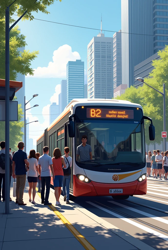 a public bus picking up passengers
