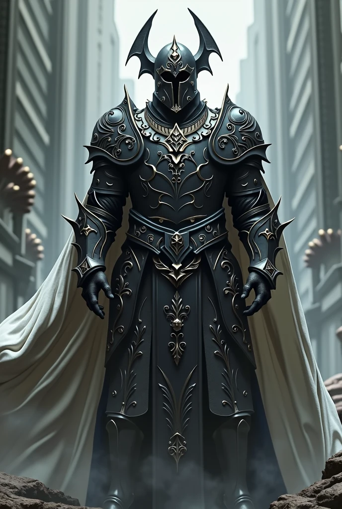 A dark warlord wearing black plate armor with a white cape and an iron helmet featuring bat wings on the sides. The warlord stands in a low-magic medieval fantasy setting, exuding a menacing and imposing aura. The armor is detailed, reflecting the dark and foreboding nature of the character, with a background that emphasizes the grim, low-magic atmosphere of a medieval world.