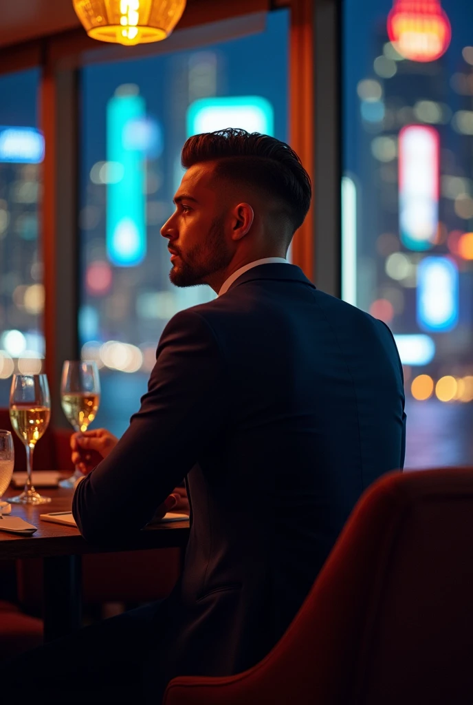 A photo of Finance Bro sitting at a VIP table in an exclusive club with a view of the Manhattan skyline in the background,original,30 years old, masculine, near comb over hair, wears a navy suit with a tie, walks around New York City , de costas , lindo , forte , musculoso,