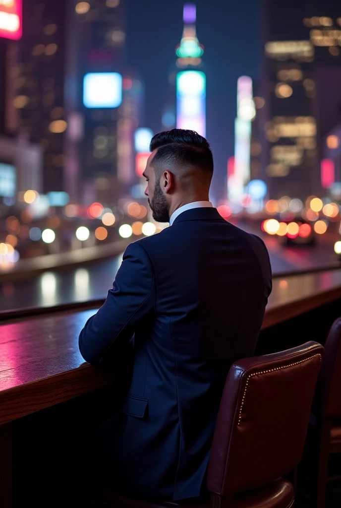 A photo of Finance Bro sitting at a VIP table in an exclusive club with a view of the Manhattan skyline in the background,original,30 years old, masculine, near comb over hair, wears a navy suit with a tie, walks around New York City , de costas , lindo , forte , musculoso,