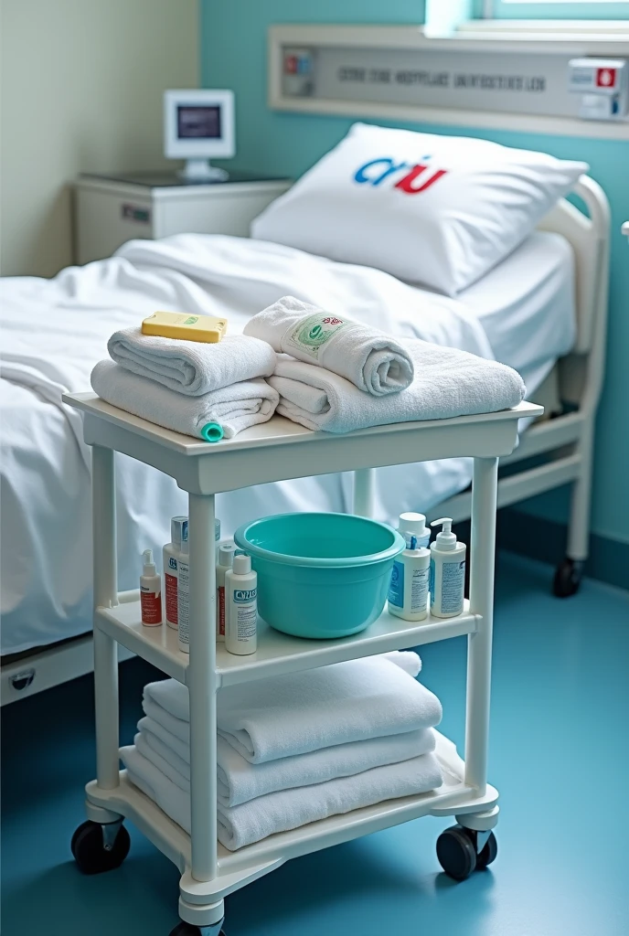 photo d'un chariot d'hopital avec le matériel nécessaire pour la toilette des patient (Gants jetables Savon doux adapté aux peaux sensibles Serviettes et gants de toilette Bassine pour la toilette partielle au lit si nécessaire Crèmes hydratantes et lotions (si besoin) Linge propre Barrières de lit (si la toilette est faite au lit) dans une chambre d'hopital, avec le logo chu sur les draps et serviettes