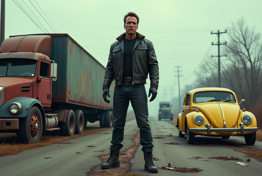 Arnold Schwarzenegger is the Terminator T800, he is standing next to an old red and blue 1987 Freightliner COE truck, on the other side there is an old yellow Beetle