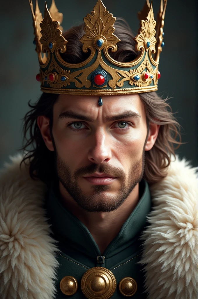 Nordic man with medium brown hair, of clear eyes, with a royal crown 