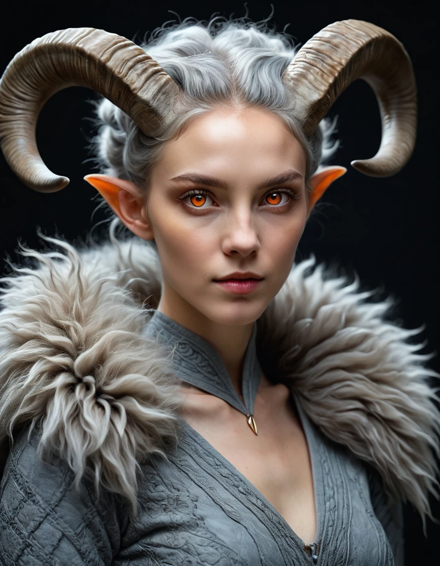 a woman with grey fur, with multiple horns in a sheep-like style, around 6 horns of various sizes, little hair, orange eyes, small pointed ears, tall anatomical body, (best quality,4k,8k,highres,masterpiece:1.2),ultra-detailed,(realistic,photorealistic,photo-realistic:1.37),intricate details,digital painting,fantasy portrait,moody lighting,dramatic lighting,cinematic,chiaroscuro, visão corpo completo