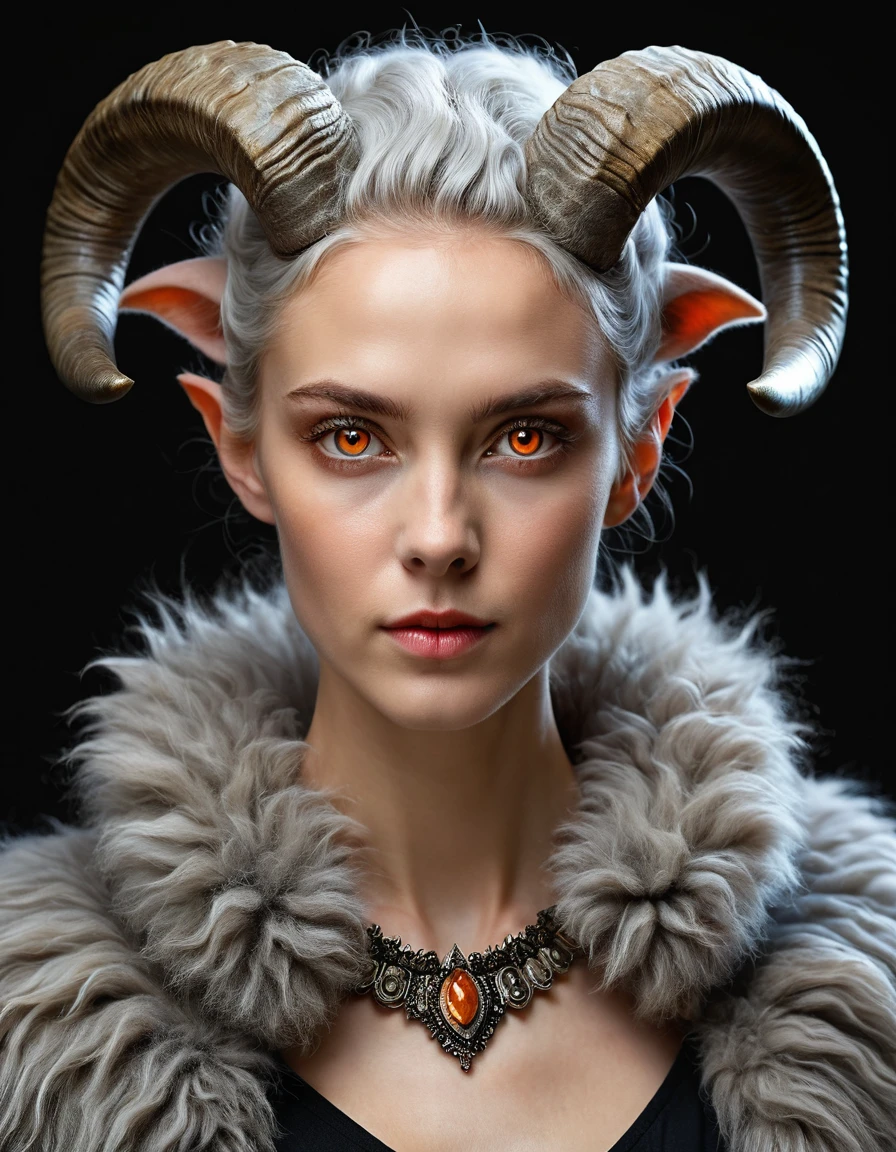 a woman with grey fur, with multiple horns in a sheep-like style, around 6 horns of various sizes, little hair, orange eyes, small pointed ears, tall anatomical body, (best quality,4k,8k,highres,masterpiece:1.2),ultra-detailed,(realistic,photorealistic,photo-realistic:1.37),intricate details,digital painting,fantasy portrait,moody lighting,dramatic lighting,cinematic,chiaroscuro, visão corpo completo