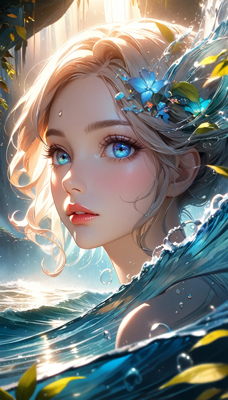 waterfall scenery, bright canvas, The waves are swirling, Transparent holographic reflection, Surreal landscape created by water droplets, Leaves viewers speechless, 
A beautiful world, 1 british woman, detailed eyes, detailed lips, very detailed face, long eyelashes, Beautiful and detailed portraits, elegant, tranquil expression, summer, high quality, 8k, 
realistic, surrealist, studio lighting, Physically Based Rendering, vivid colors, movie lights, dramatic lighting, soft lighting,
 dramatic contrast, clear, ethereal, dreamlike, mysterious, magical, fancy, concept art