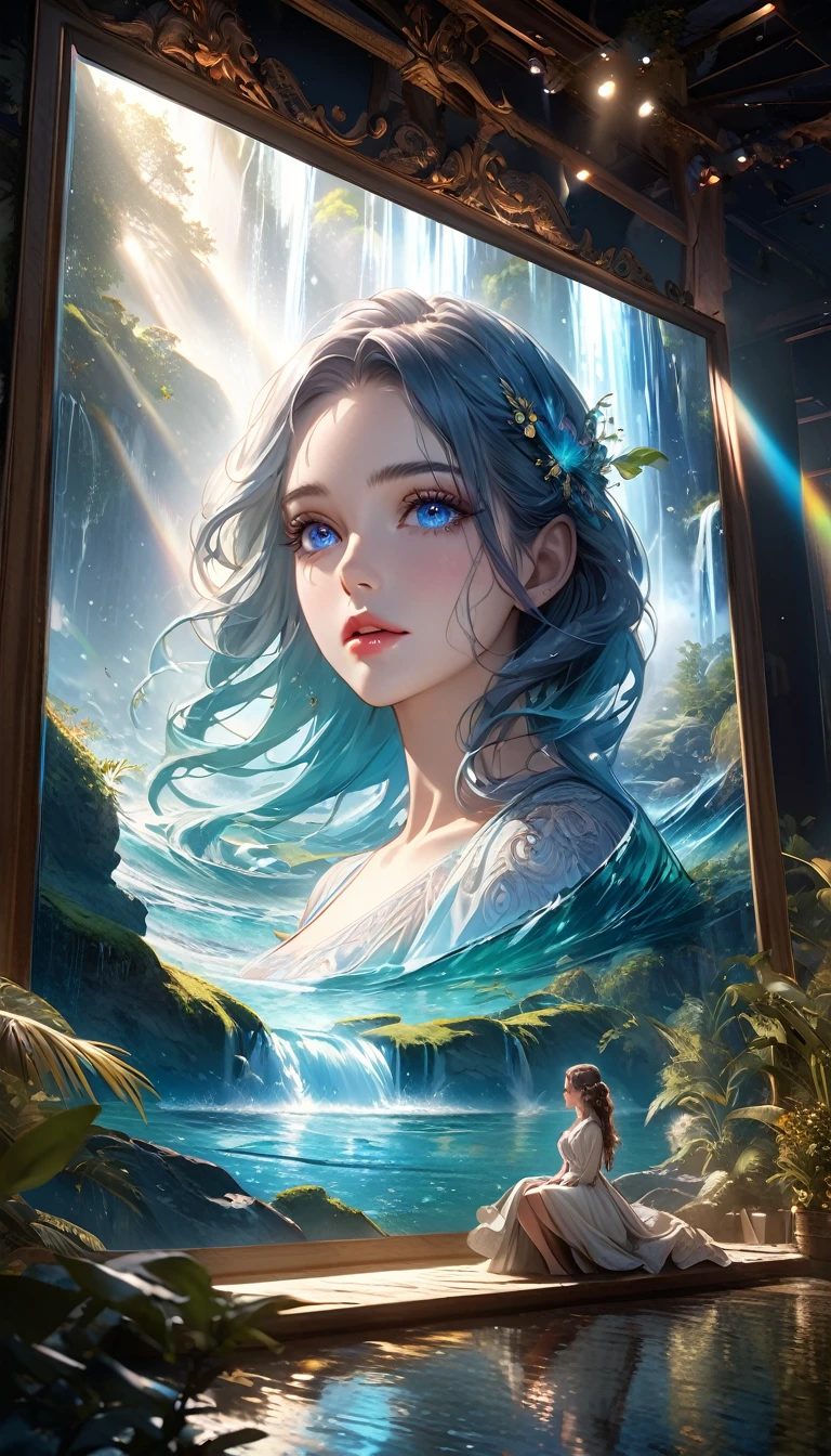 waterfall scenery, bright canvas, The waves are swirling, Transparent holographic reflection, Surreal landscape created by water droplets, Leaves viewers speechless, 
A beautiful world, 1 british woman, detailed eyes, detailed lips, very detailed face, long eyelashes, Beautiful and detailed portraits, elegant, tranquil expression, summer, high quality, 8k, 
realistic, surrealist, studio lighting, Physically Based Rendering, vivid colors, movie lights, dramatic lighting, soft lighting,
 dramatic contrast, clear, ethereal, dreamlike, mysterious, magical, fancy, concept art