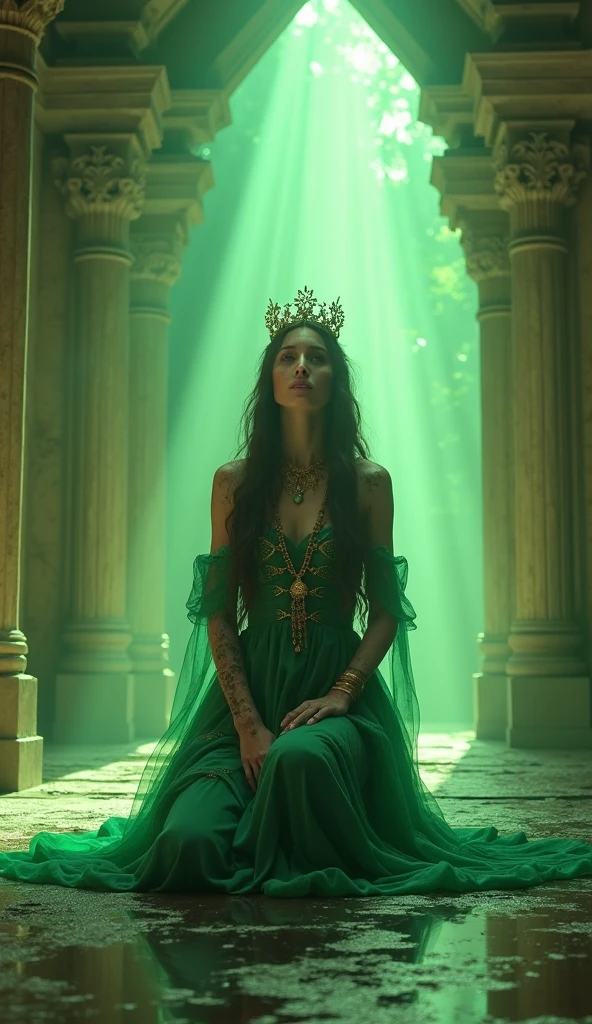 A regal princess with a beautiful appearance, wearing all green clothes, but problematic, covered in itchy sores, scabs, and foul-smelling boils. He knelt in a dramatic ancient temple, surrounded by heavenly and ethereal light. His face shows a deep request for power to the god, Hyangkersa. The scenes are cinematic and highly detailed, with bright lighting illuminating the desperate expressions and the surrounding mystical architecture. Rendered in ultra-sharp UHD 8k quality.