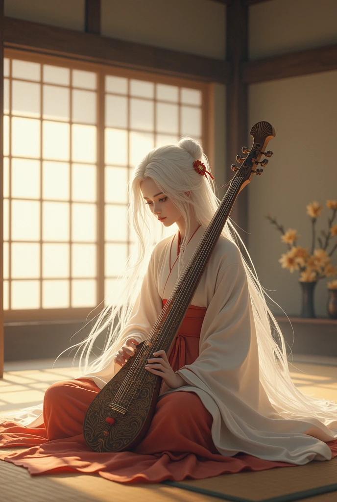 young woman, long white hair, She is wearing a simple kimono, sitting on the floor, traditional japanese room, toca un guzheng