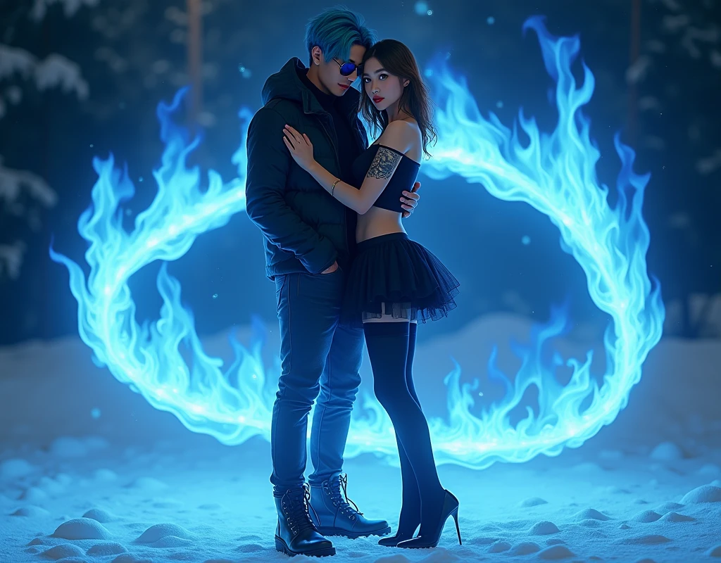 Virtual image, Virtual Magic, 1 girl, beautiful, Seductive, sexy, Asia, Medium bust, Bronze hair, medium length hair, light blue eyes, light red lips, tattoo, Black off shoulder top, sexy, skirt, tights, high-heels, full body, Suitable background, Real picture, Standing next to a man with blue hair and sunglasses., Pose together naturally, spell, Blue flames circulating around the body, very realistic., Snow at night with twinkling stars in the sky