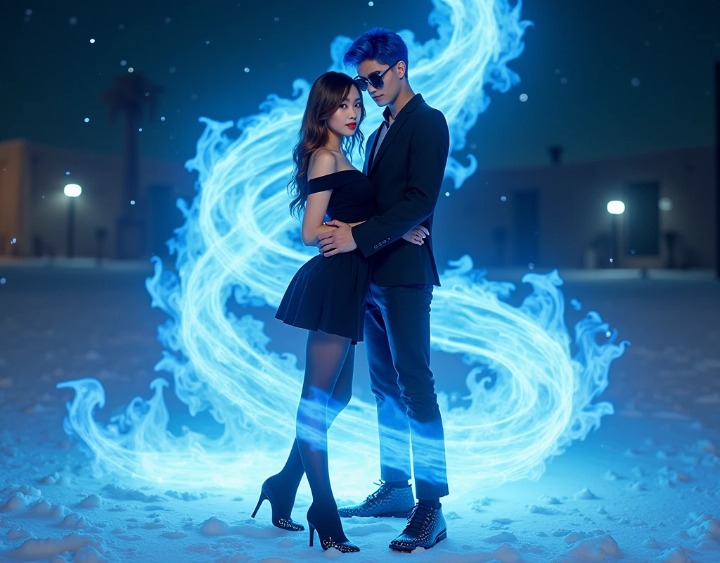 Virtual image, Virtual Magic, 1 girl, beautiful, Seductive, sexy, Asia, Medium bust, Bronze hair, medium length hair, light blue eyes, light red lips, tattoo, Black off shoulder top, sexy, skirt, tights, high-heels, full body, Suitable background, Real picture, Standing next to a man with blue hair and sunglasses., Pose together naturally, spell, Blue flames circulating around the body, very realistic., Snow at night with twinkling stars in the sky