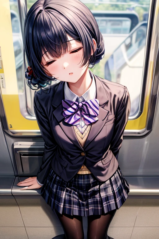 masterpiece, Highest quality, High resolution, ((train))、RinzeSchool, black pantyhose、cute、hair ornaments、Modest chest、Attractive lips、Sleep、Closed eyes、Weakness、Relaxation、To let one's arms hang down、Leaning on your back、(from above:1.5)