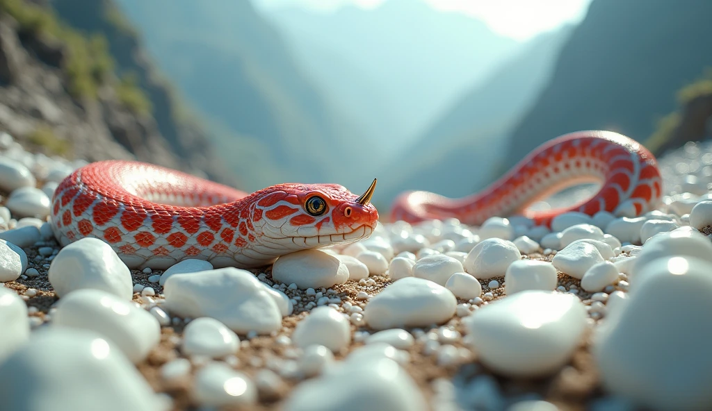 There are many white jades and pit vipers with spikes on their noses between red and white rings on the mountain.（best quality，4K，8k，High level，masterpiece：1.2），Ultra Detailed，（lifelike，Photo real，Photo real：1.37）