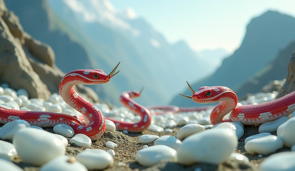 There are many white jades and pit vipers with spikes on their noses between red and white rings on the mountain.（best quality，4K，8k，High level，masterpiece：1.2），Ultra Detailed，（lifelike，Photo real，Photo real：1.37）