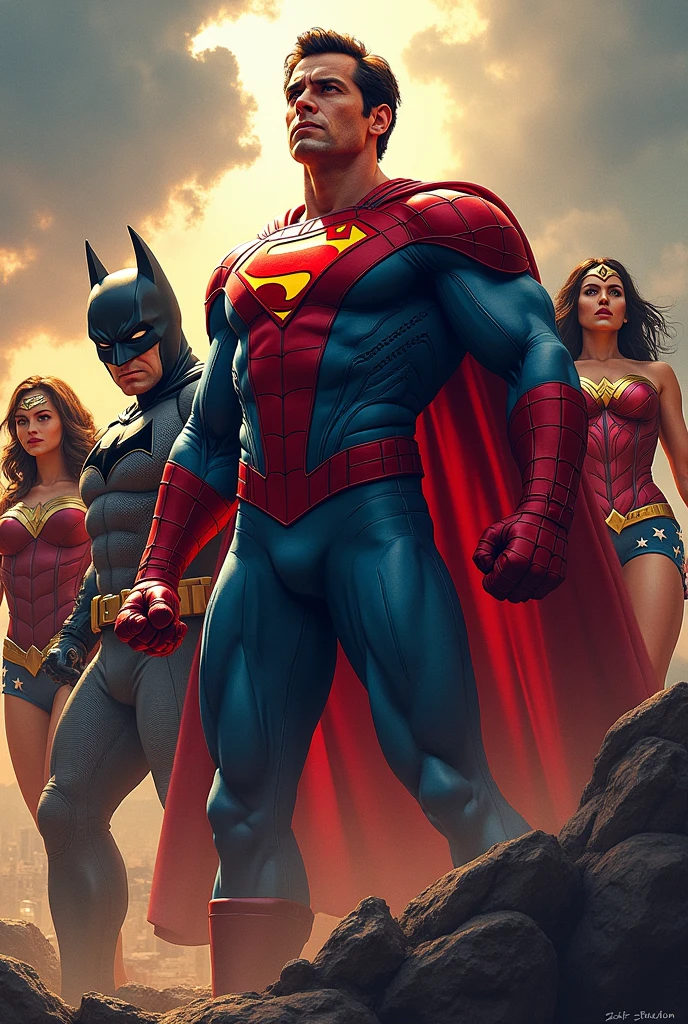 I want an image of superheroes, da Marvel e DC, They will be in heroic poses, with dynamic and action-ready costumes.