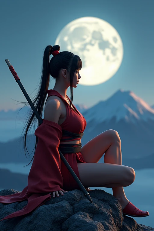 ((Highest quality)), ((masterpiece)), (detailed), A beautiful Japanese woman with black hair ponytail samurai ninja is sitting on the top of a mountain and looking at the beautiful moon,Late Night,Short samurai red kimono(Short length)Wearing,The ponytail is tied with a red cloth near the nape of the neck.,Bangs are drooping,spear,tabi,F cup big breasts,Strong chest, sides and thighs,Muscular,A realistic woman, not an anime or painting style,3d,A world and women so realistic you could mistake it for reality,