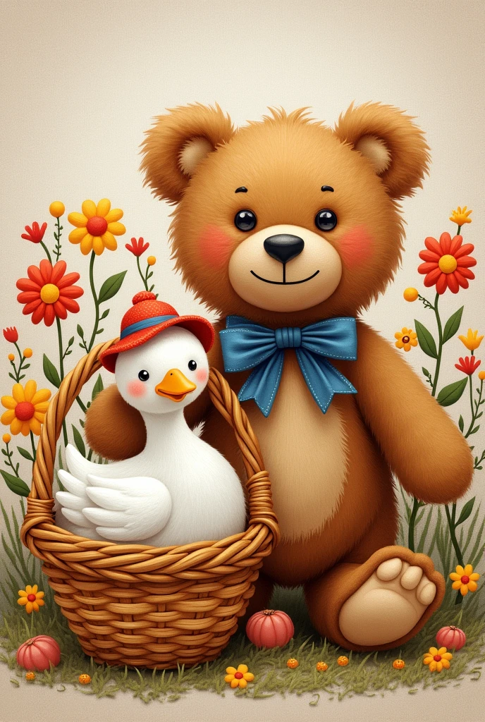 Create an illustration that looks like embroidery on a children's fabric. On the right side, there is a plush teddy bear with brown fur and a blue bow around its neck, with black button eyes. The teddy bear is holding a small, toy basket made of wicker in its right hand. In the basket, there is a plush goose with white fur and a small red hat on its head. The entire scene should be in warm colors, such as golden, orange, and red shades, with a delicate embroidered background depicting a field of flowers. The embroidery should be detailed, resembling traditional folk patterns, with visible threads and fabric texture. The overall look should be friendly and suitable for children.