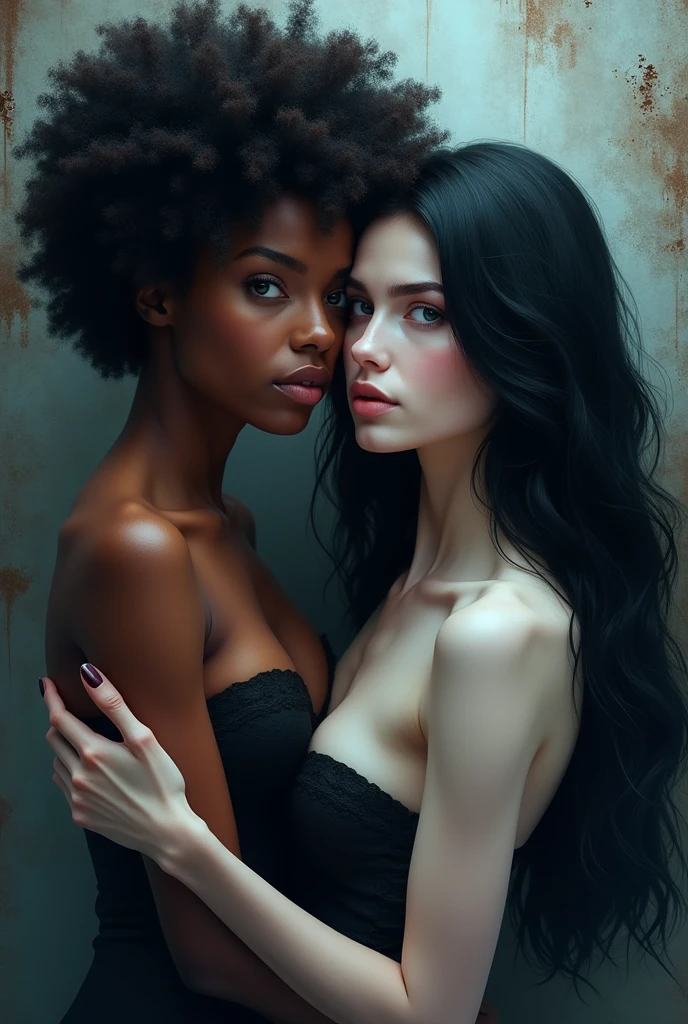 Create a book cover in brown tones with two women, a brunette woman with long afro hair and the other white woman with long black hair and blue eyes., erotic not being real photos but in drawing