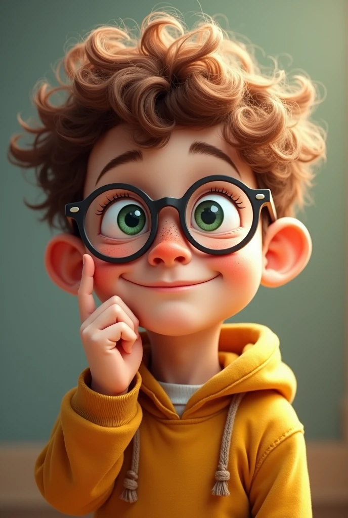 boy, ,
,who twirls his finger near his cheek, smiling and wearing glasses like a nerd.
boy, with big round glasses, with curly, lamb-like chestnut-colored hair, with green eyes and freckles .
semi-realism
