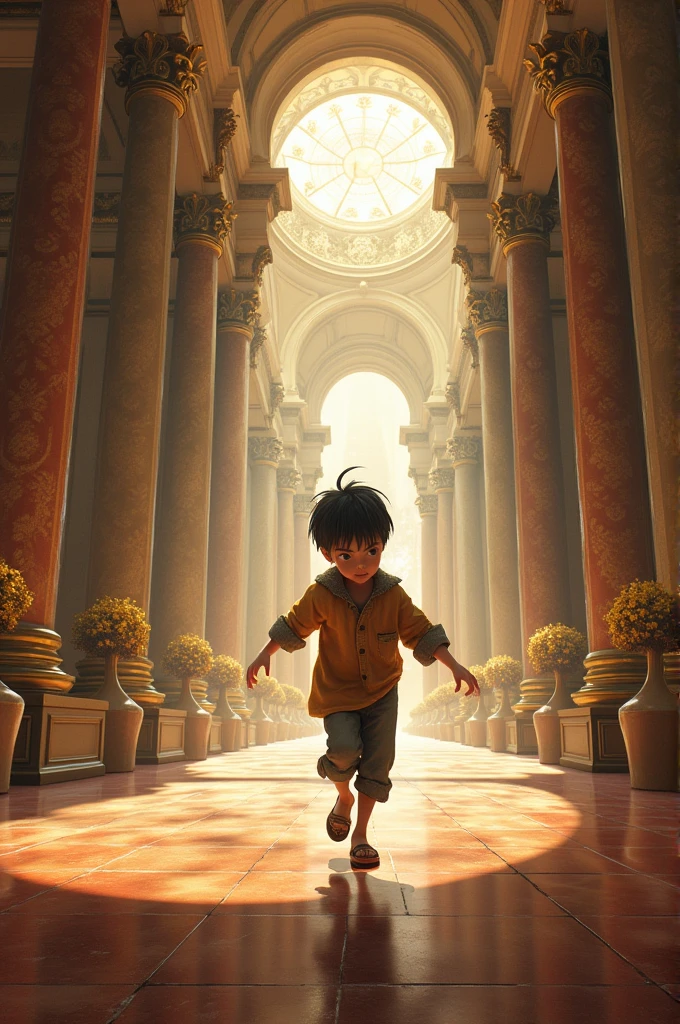 A boy is stealing from a palace