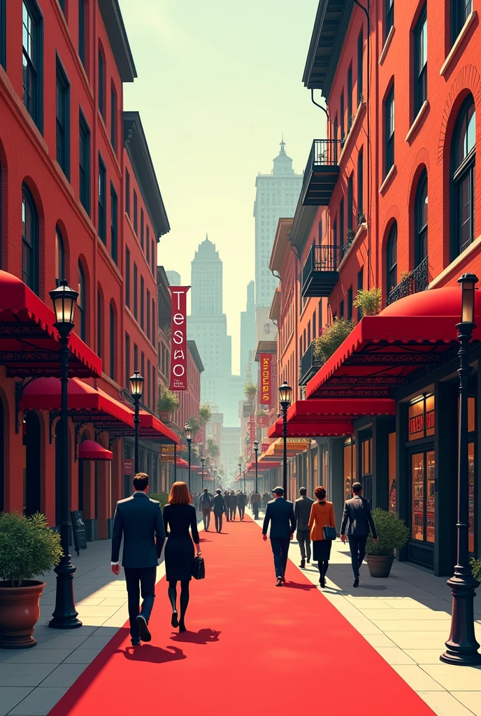 Create "An upscale street with red brick buildings, featuring theaters and high-end shops. The image should feel vibrant and sophisticated, with a bold red color palette that signifies wealth and cultural significance."