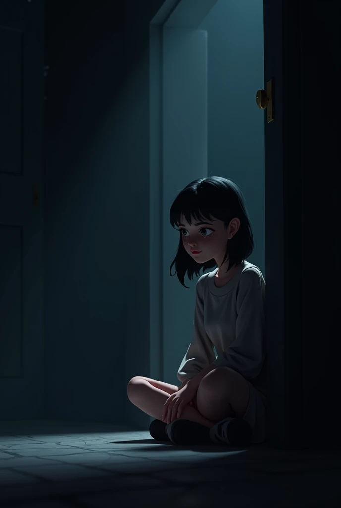 Sentence: "The shadows disappeared, and the whispers stopped. But from that night on, Ayesha was never the same."Prompt: Ayesha sitting alone in a dark room, staring blankly ahead. The shadows and whispers are gone, but a lingering sense of fear and unease remains.3:D animated cartoon 