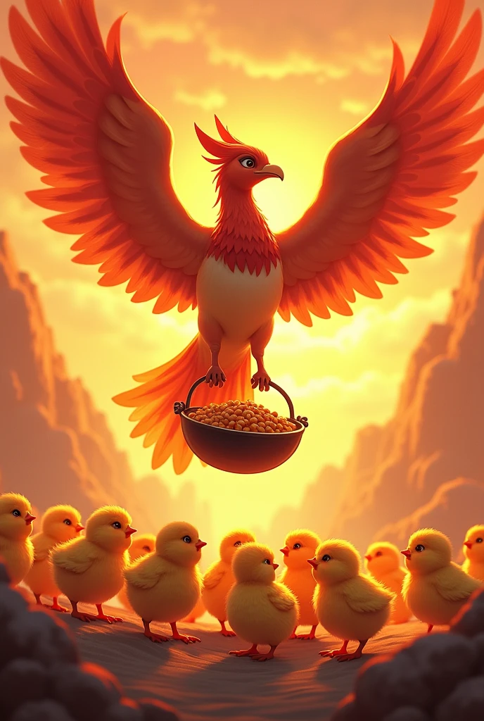 
Fawna and her Phoenix Chicks
The sky above the Phoenix Realm glows a brilliant orange as Fawna, the majestic phoenix matriarch, soars gracefully with her large wok filled with delectable treats. Her chicks scurry excitedly below, their fluffy feathers ruffling with anticipation.


Fawna and her Phoenix Chicks: Gather 'round, my little ones, for your mother has returned! Who's ready for a taste of the finest morsels this realm has to offer?


The baby phoenix chicks chirp and hop with excitement, their eyes wide with delight as Fawna lands before them, the aroma of the treats wafting through the air.


Fawna and her Phoenix Chicks: Ah, but first, let's have a little fun, shall we? Who among you can solve my riddle and prove yourself worthy of the first bite?